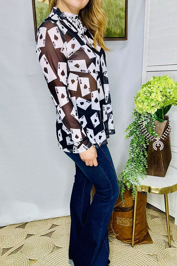 Sheer women's top wholesale poker printed mesh long sleeve XCH16106 IS5